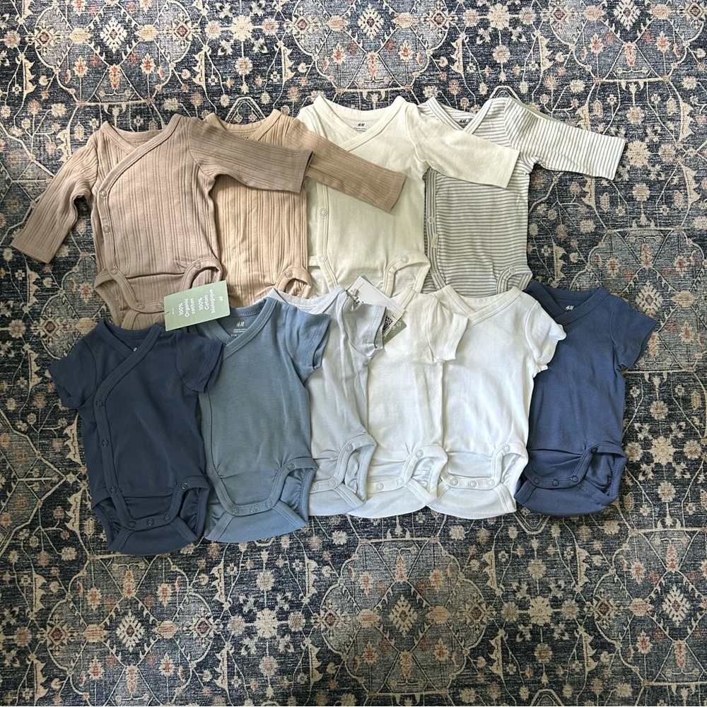 H&M Blue and White Bodysuits Soft Ribbed One Pieces